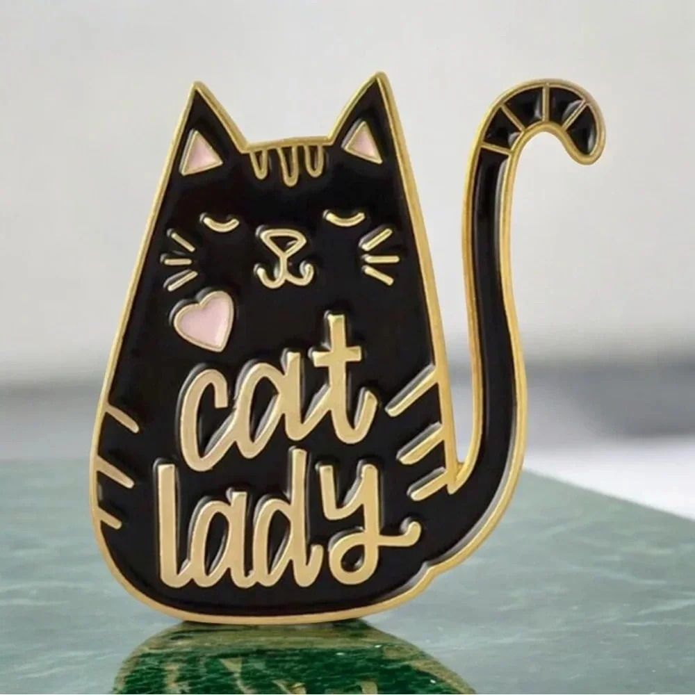 Cat Lady Enameled Pin in Black NEW